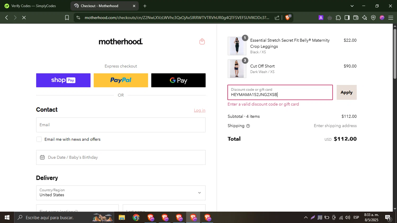Motherhood promo code screenshot showing code HEYMAMA152JNG2XSB applied at Motherhood checkout page. Uploaded by SimplyCodes community member WonderHawk4190 on May 8, 2025