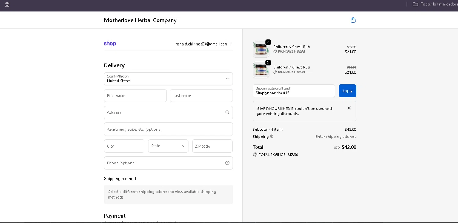Motherlove discount code screenshot showing code Simplynourished15 applied at Motherlove checkout page. Uploaded by SimplyCodes community member Egni_149037891 on Nov 28, 2025