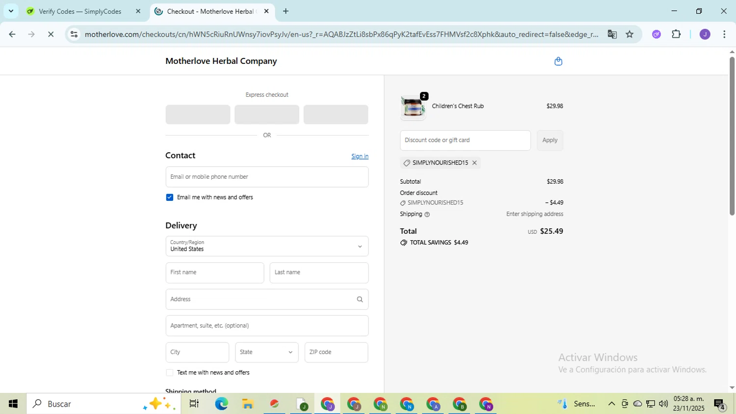 Motherlove discount code screenshot showing code Simplynourished15 applied at Motherlove checkout page. Uploaded by SimplyCodes community member PromoHunter9043 on Nov 23, 2025