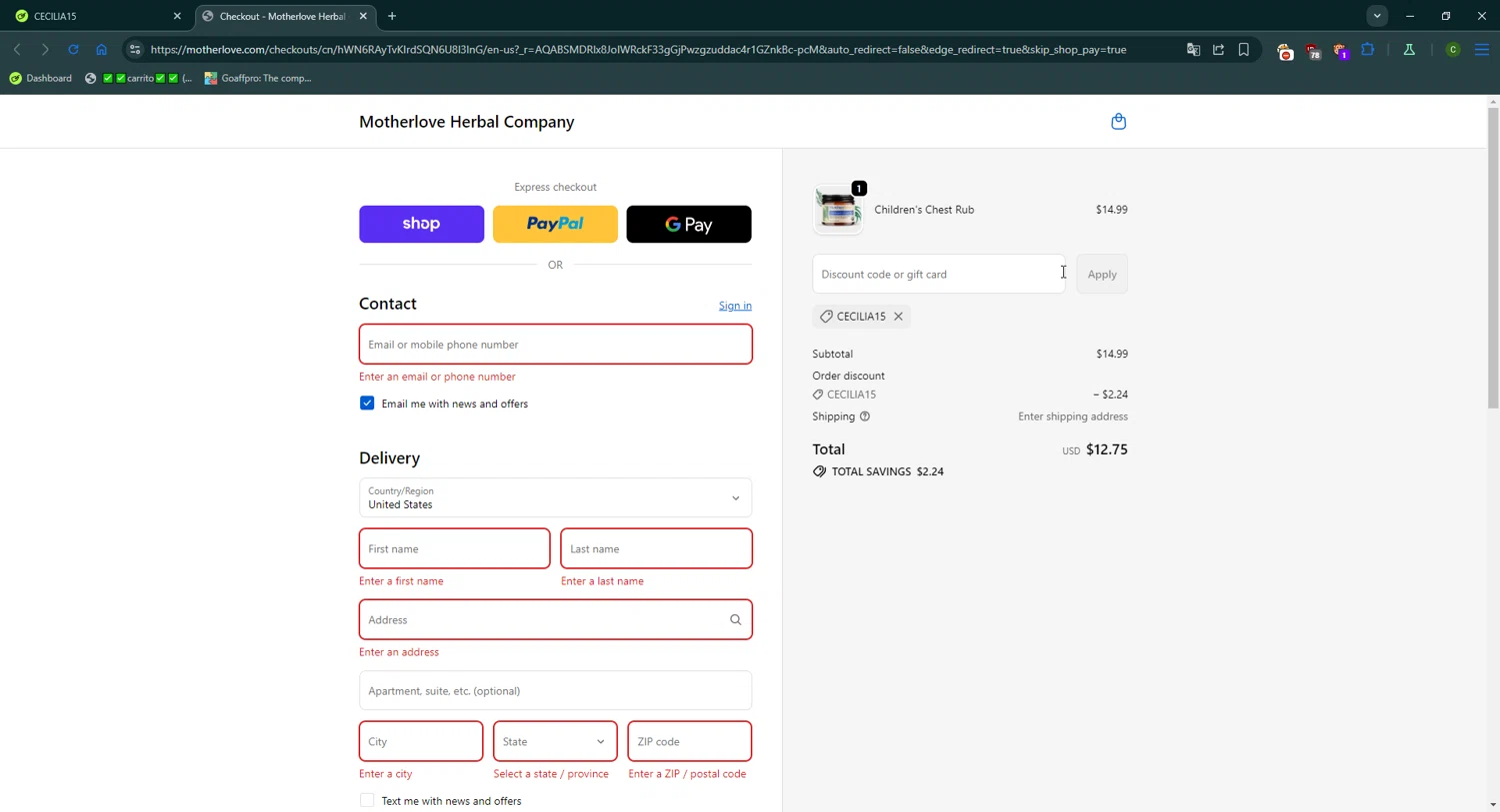 Motherlove discount code screenshot showing code CECILIA15 applied at Motherlove checkout page. Uploaded by SimplyCodes community member CrownGuardian9882 on Dec 14, 2025