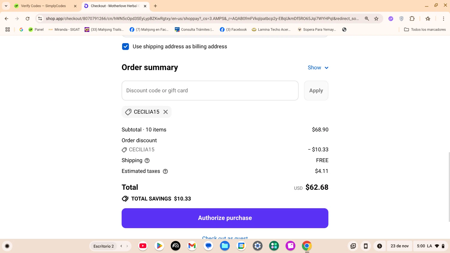 Motherlove discount code screenshot showing code CECILIA15 applied at Motherlove checkout page. Uploaded by SimplyCodes community member ShrewdExpert7367 on Nov 23, 2025