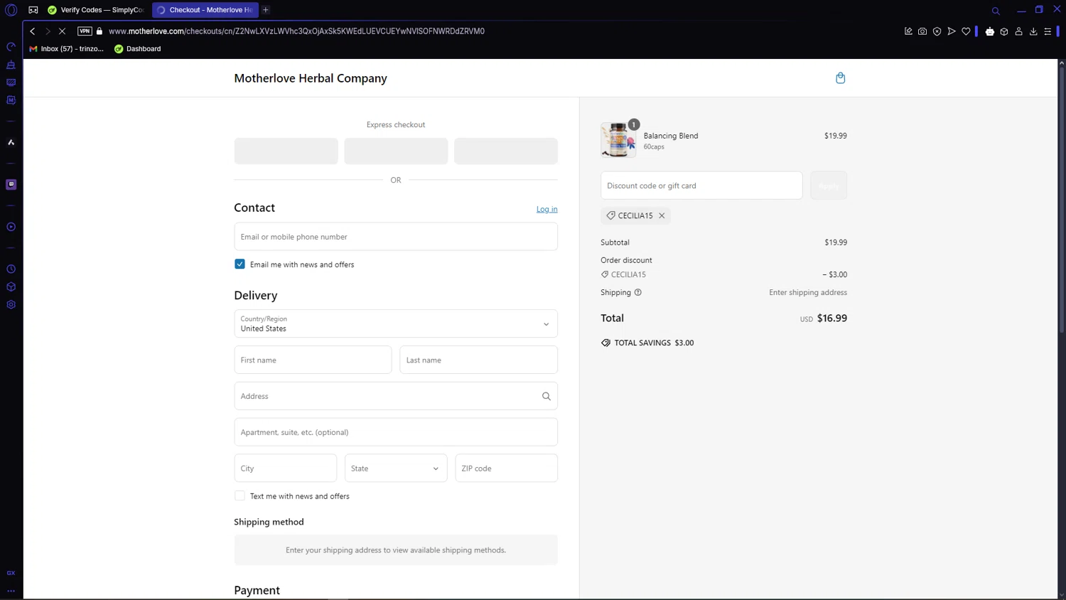 Motherlove discount code screenshot showing code CECILIA15 applied at Motherlove checkout page. Uploaded by SimplyCodes community member VictoriousCaptain3902 on Mar 5, 2025
