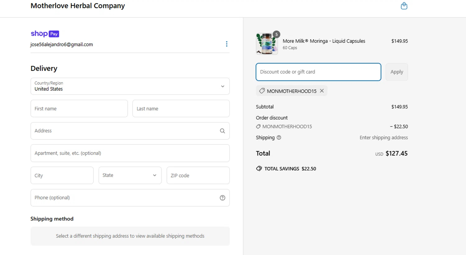 Motherlove discount code screenshot showing code MonMotherhood15 applied at Motherlove checkout page. Uploaded by SimplyCodes community member Kmacho on Mar 29, 2025