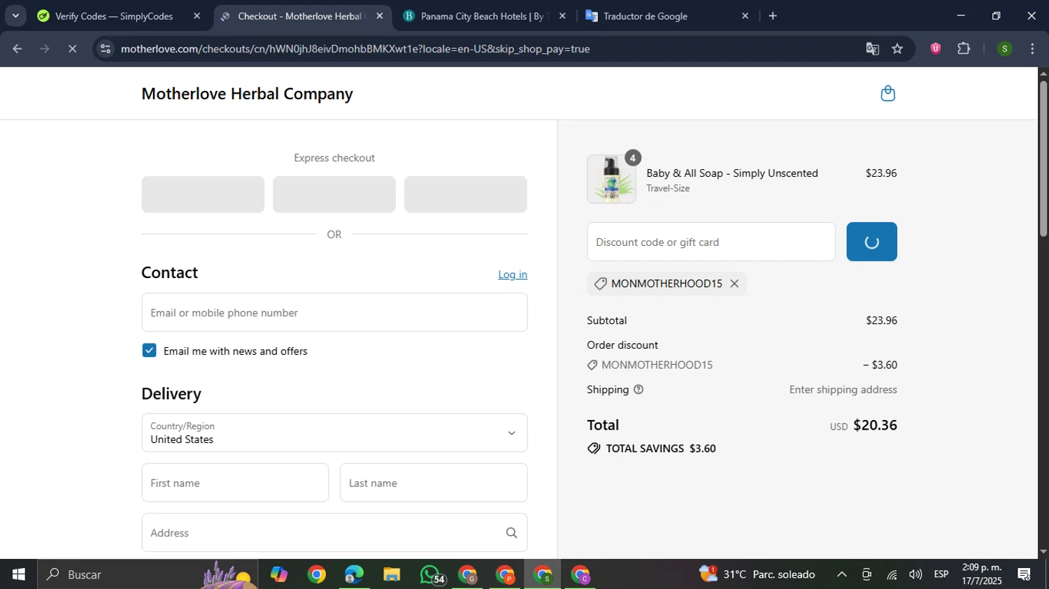 Motherlove discount code screenshot showing code MonMotherhood15 applied at Motherlove checkout page. Uploaded by SimplyCodes community member RewardMaverick445 on Jul 17, 2025
