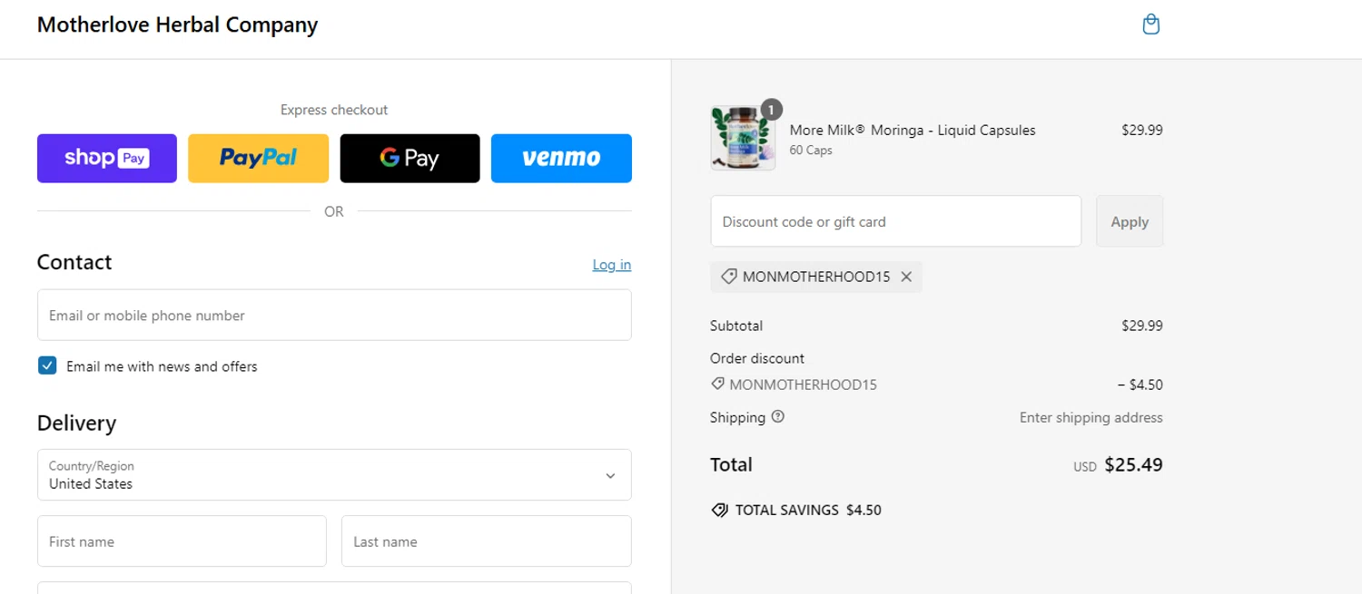 Motherlove discount code screenshot showing code MonMotherhood15 applied at Motherlove checkout page. Uploaded by SimplyCodes community member ShieldTitan9442 on Feb 28, 2025