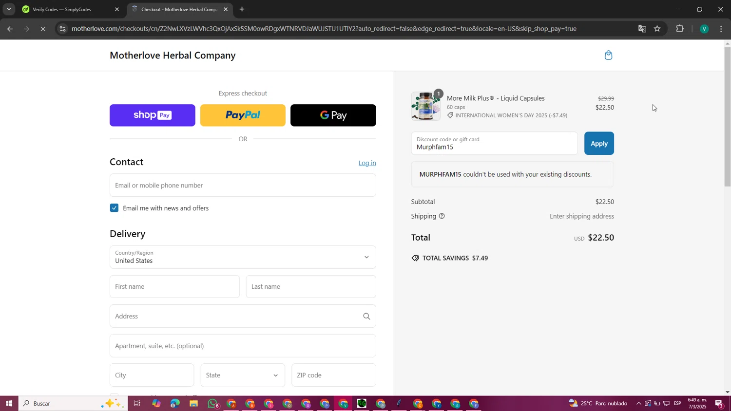 Motherlove discount code screenshot showing code Murphfam15 applied at Motherlove checkout page. Uploaded by SimplyCodes community member Motorboot on Mar 7, 2025