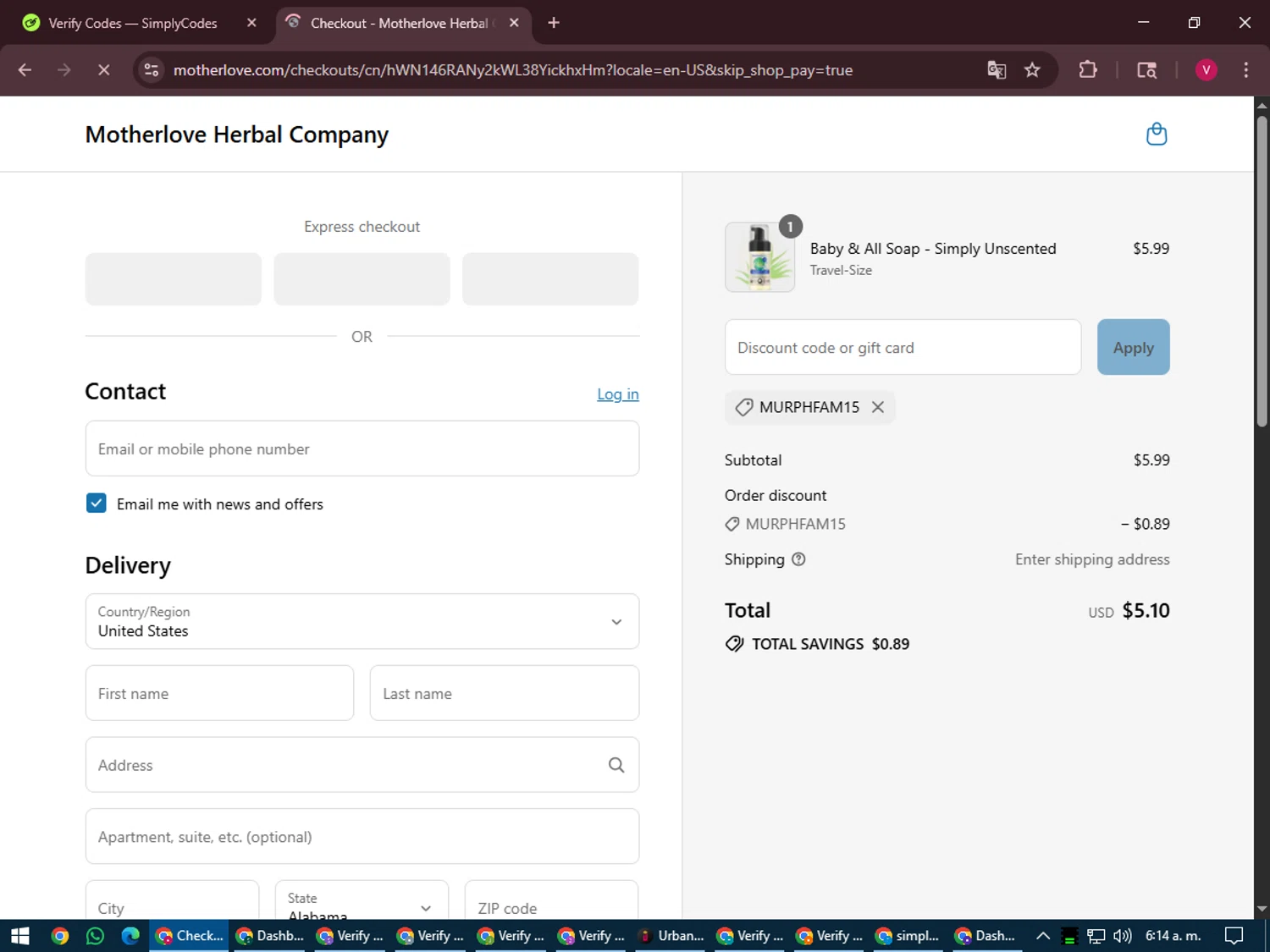 Motherlove discount code screenshot showing code Murphfam15 applied at Motherlove checkout page. Uploaded by SimplyCodes community member ShieldEagle6102 on Jul 26, 2025