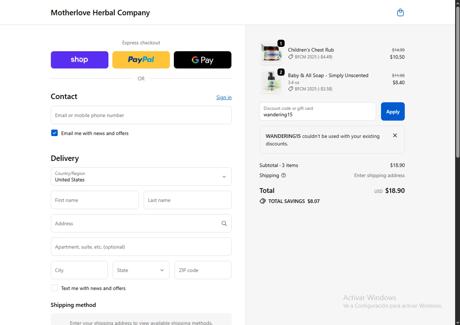 Motherlove discount code screenshot showing code wandering15 applied at Motherlove checkout page. Uploaded by SimplyCodes community member BrilliantGenius7871 on Nov 28, 2025