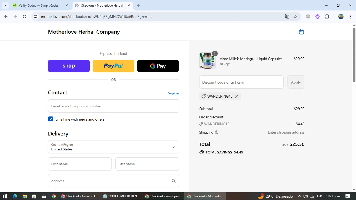 Motherlove discount code screenshot showing code wandering15 applied at Motherlove checkout page. Uploaded by SimplyCodes community member EpicTracker8800 on Sep 11, 2025