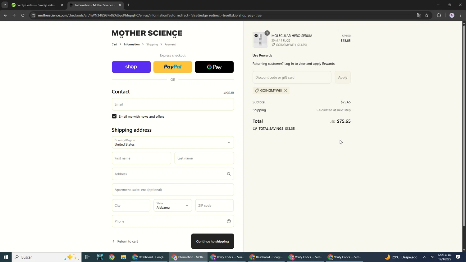 Mother Science discount code screenshot showing code GOINGMYWEI applied at Mother Science checkout page. Uploaded by SimplyCodes community member DealScout5970 on Sep 17, 2025