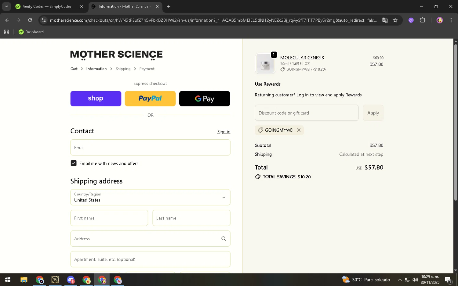 Mother Science discount code screenshot showing code GOINGMYWEI applied at Mother Science checkout page. Uploaded by SimplyCodes community member SilverShopper7946 on Nov 30, 2025