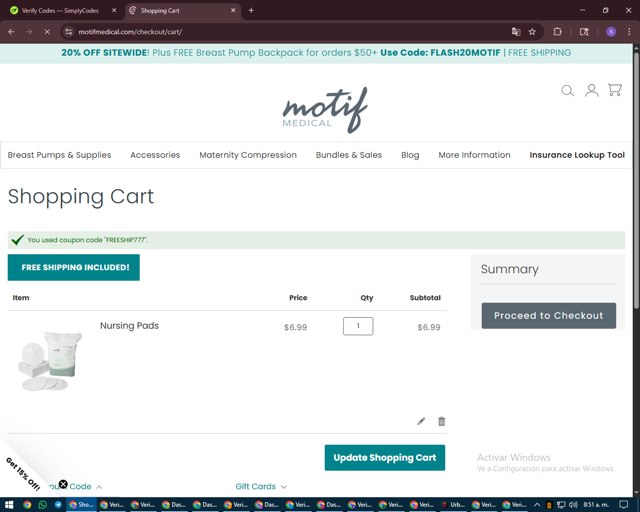 Motif Medical checkout page showing Motif Medical discount code box | Screenshot taken by SimplyCodes community member on Aug 30, 2025