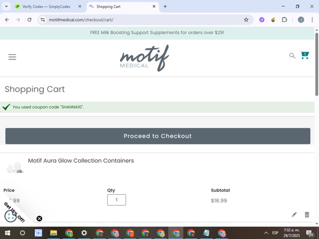 Motif Medical checkout page showing Motif Medical discount code box | Screenshot taken by SimplyCodes community member on Jul 29, 2025