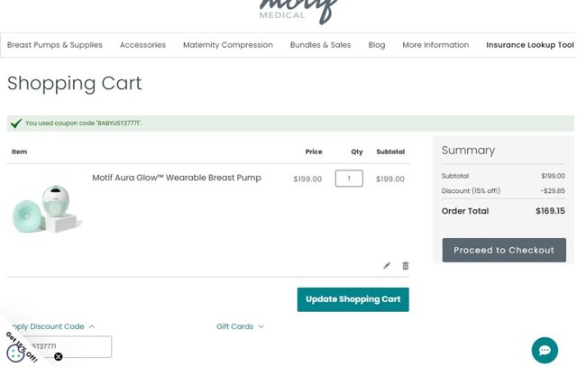 Motif Medical checkout page showing Motif Medical discount code box | Screenshot taken by SimplyCodes community member on Jul 31, 2025