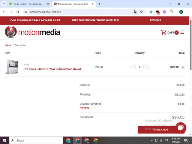 Motion Media checkout page showing Motion Media coupon code box | Screenshot taken by SimplyCodes community member on Jul 4, 2025