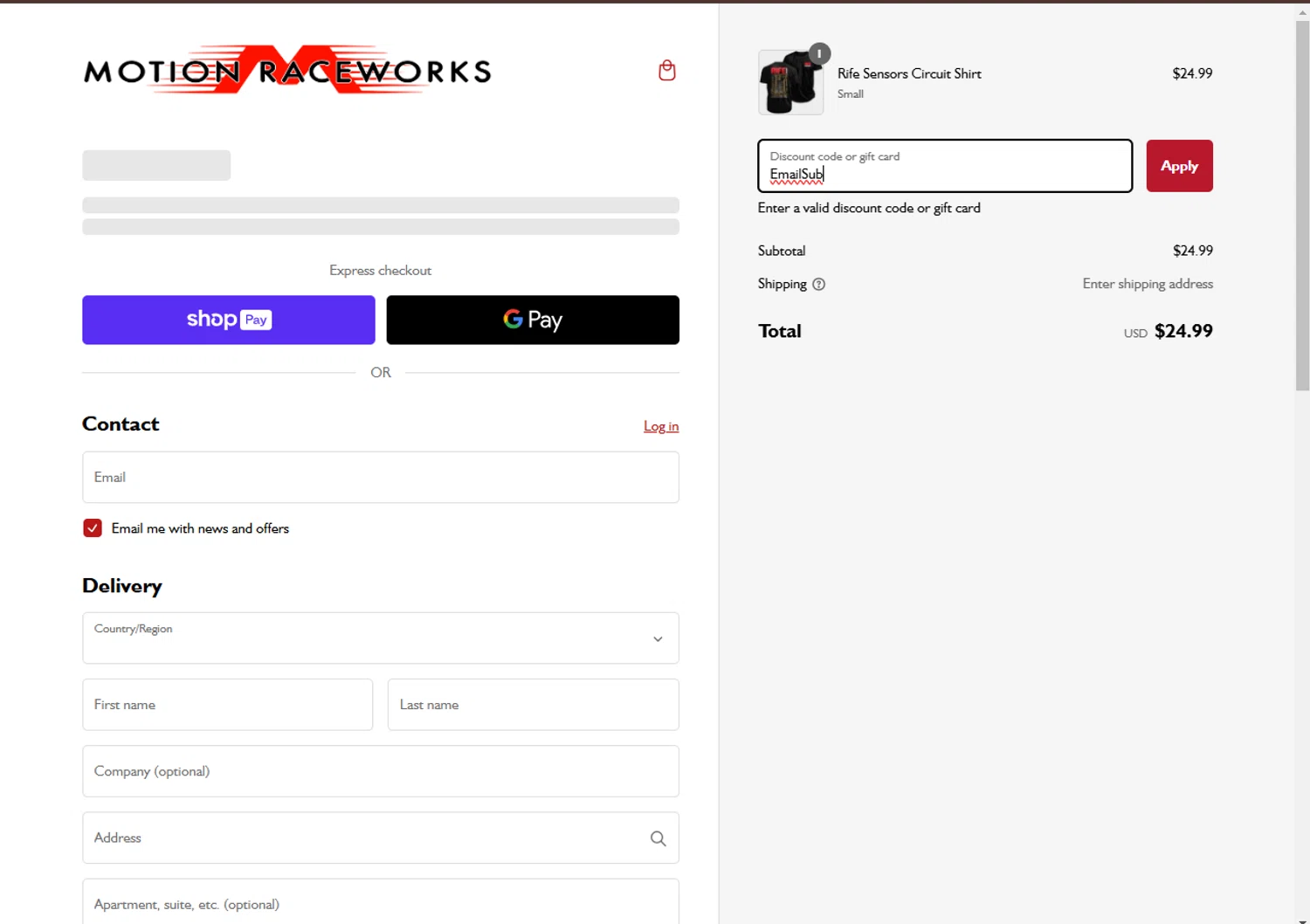 Motion Raceworks discount code screenshot showing code EmailSub applied at Motion Raceworks checkout page. Uploaded by SimplyCodes community member LegendaryCurator4133 on Feb 24, 2025