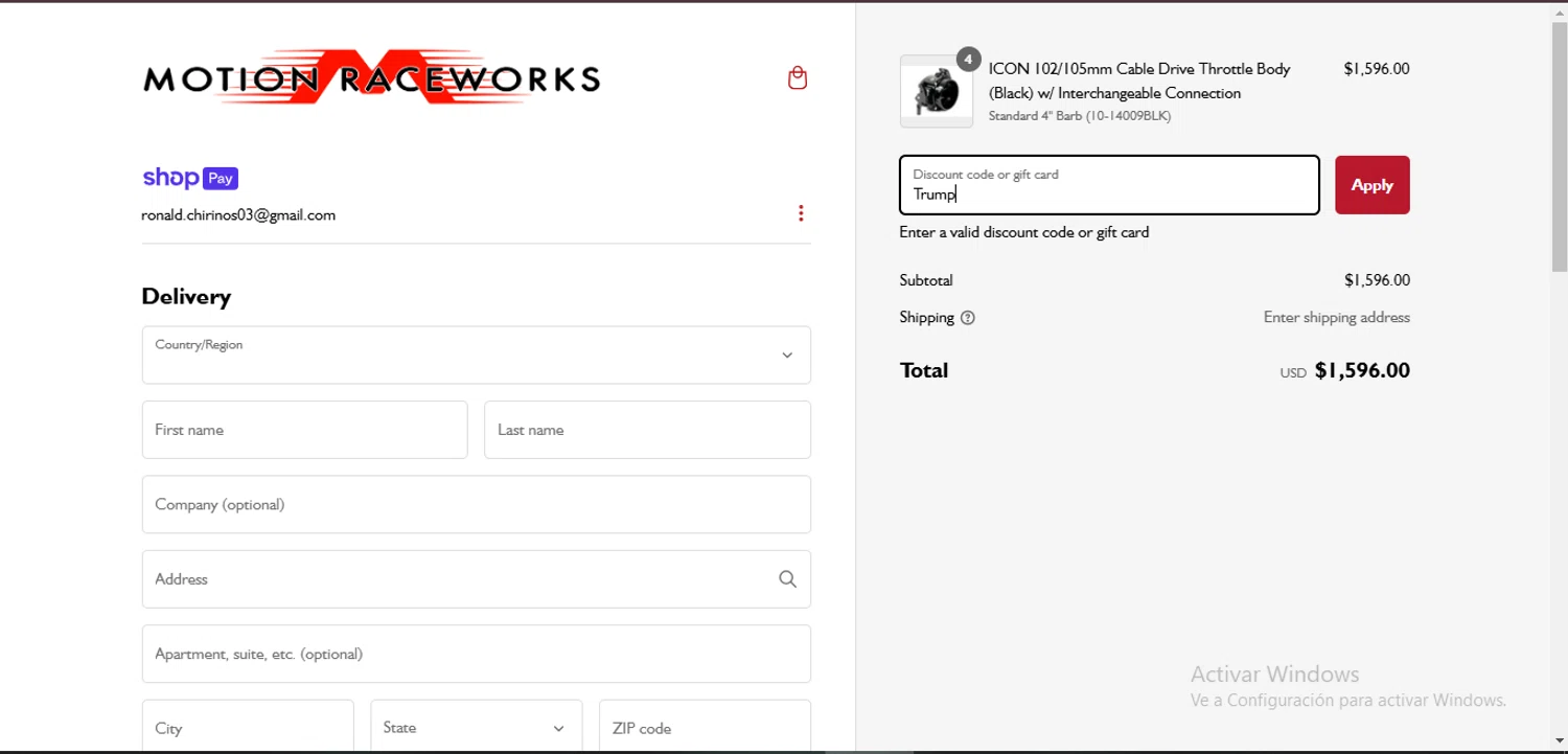 Motion Raceworks discount code screenshot showing code Trump applied at Motion Raceworks checkout page. Uploaded by SimplyCodes community member BaelorTargaryen on Feb 19, 2025