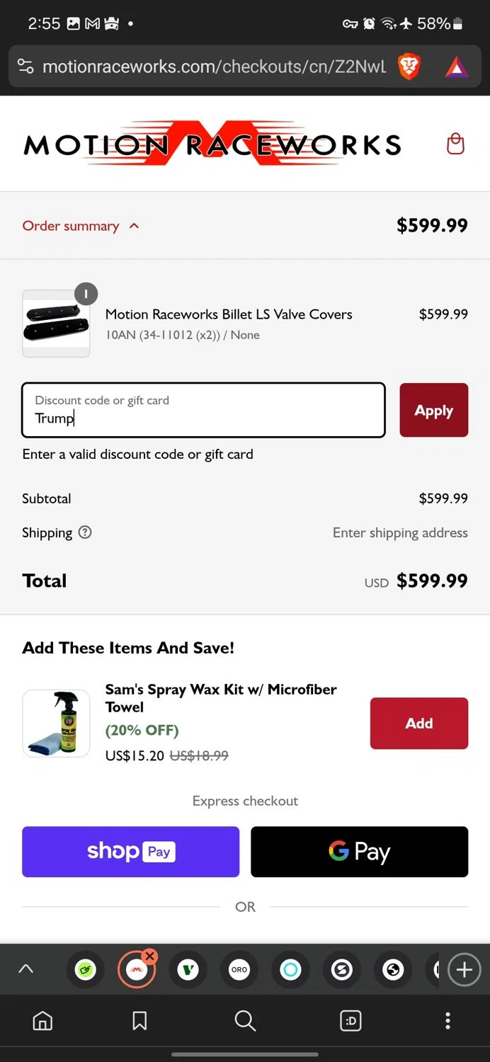 Motion Raceworks discount code screenshot showing code Trump applied at Motion Raceworks checkout page. Uploaded by SimplyCodes community member conorgrey on Feb 10, 2025