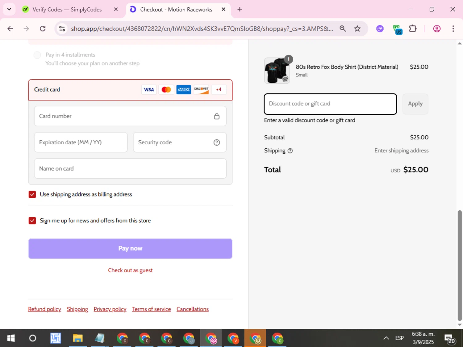 Motion Raceworks discount code screenshot showing code LABORDAY25 applied at Motion Raceworks checkout page. Uploaded by SimplyCodes community member QuestCurator1644 on Sep 3, 2025