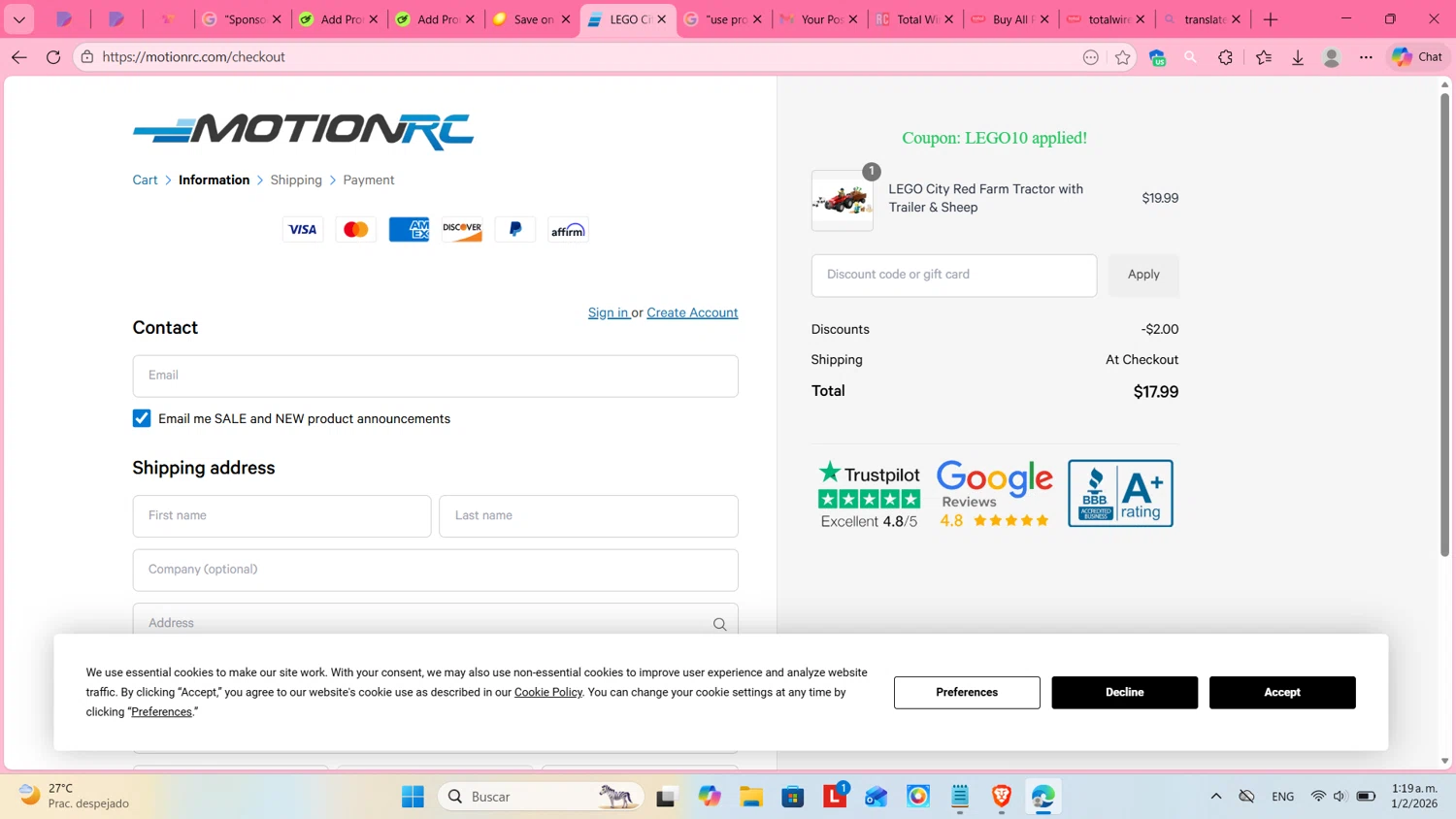 Motion RC promo code screenshot showing code LEGO10 applied at Motion RC checkout page. Uploaded by SimplyCodes community member cosita on Feb 1, 2026