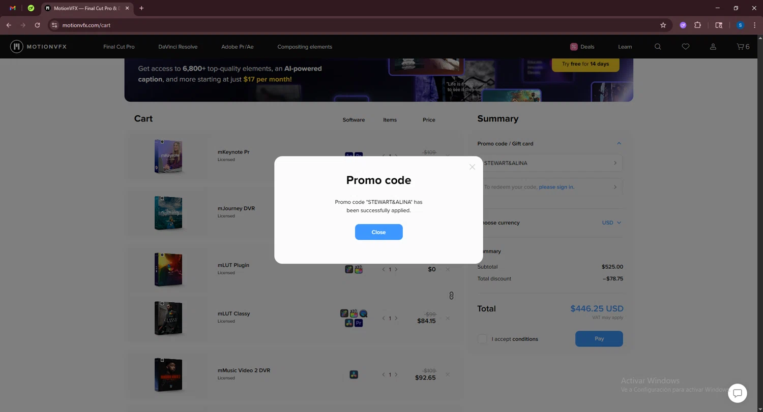 motionVFX promo code screenshot showing code STEWART&ALINA applied at motionVFX checkout page. Uploaded by SimplyCodes community member BrandoJose1 on Aug 8, 2025
