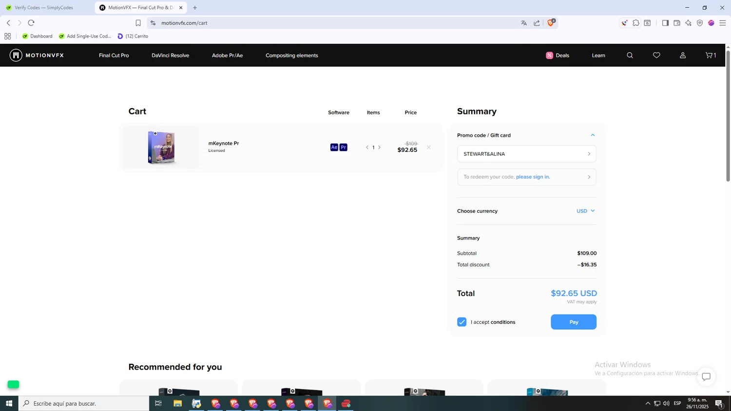 motionVFX promo code screenshot showing code STEWART&ALINA applied at motionVFX checkout page. Uploaded by SimplyCodes community member Monitos on Nov 26, 2025