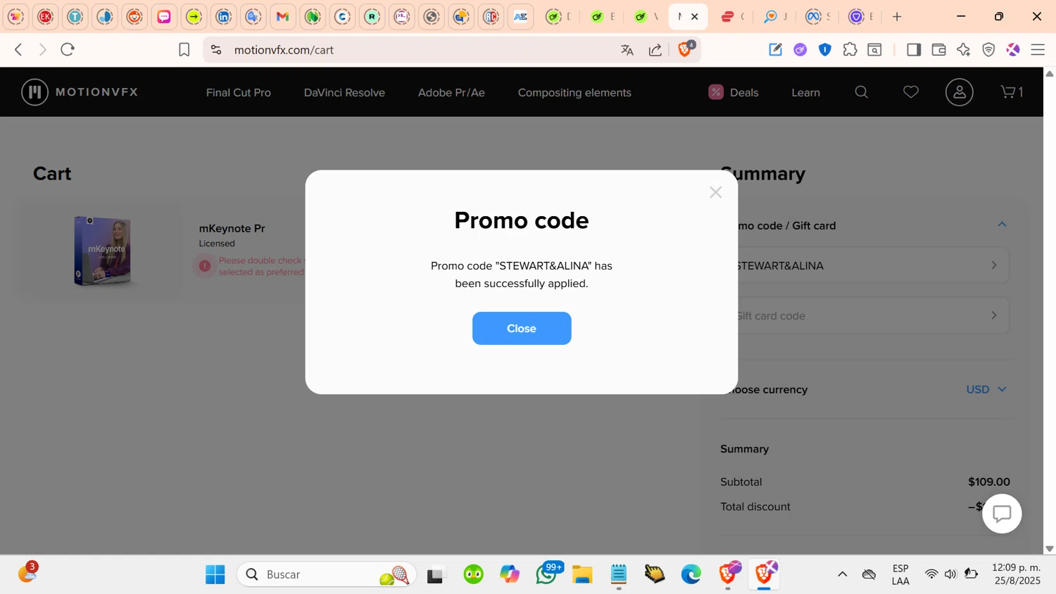 motionVFX promo code screenshot showing code STEWART&ALINA applied at motionVFX checkout page. Uploaded by SimplyCodes community member cosita on Aug 25, 2025