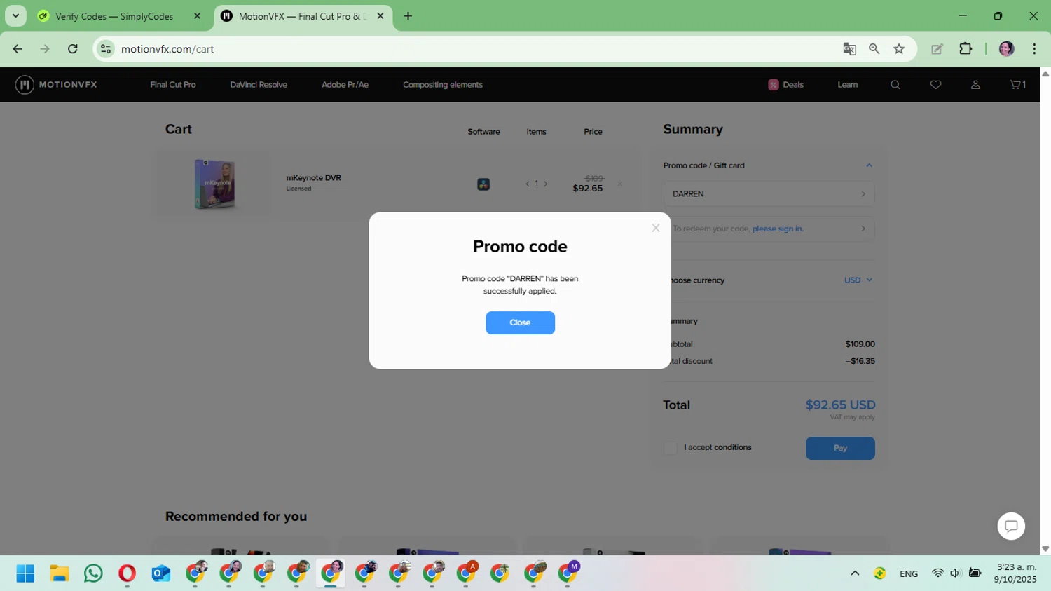 motionVFX promo code screenshot showing code DARREN applied at motionVFX checkout page. Uploaded by SimplyCodes community member Mari_perez on Oct 9, 2025