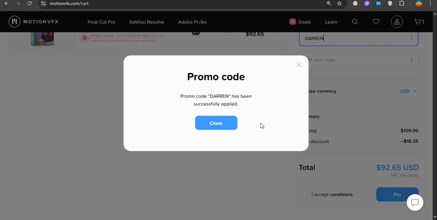 motionVFX promo code screenshot showing code DARREN applied at motionVFX checkout page. Uploaded by SimplyCodes community member PrimeShopper6600 on Nov 26, 2025
