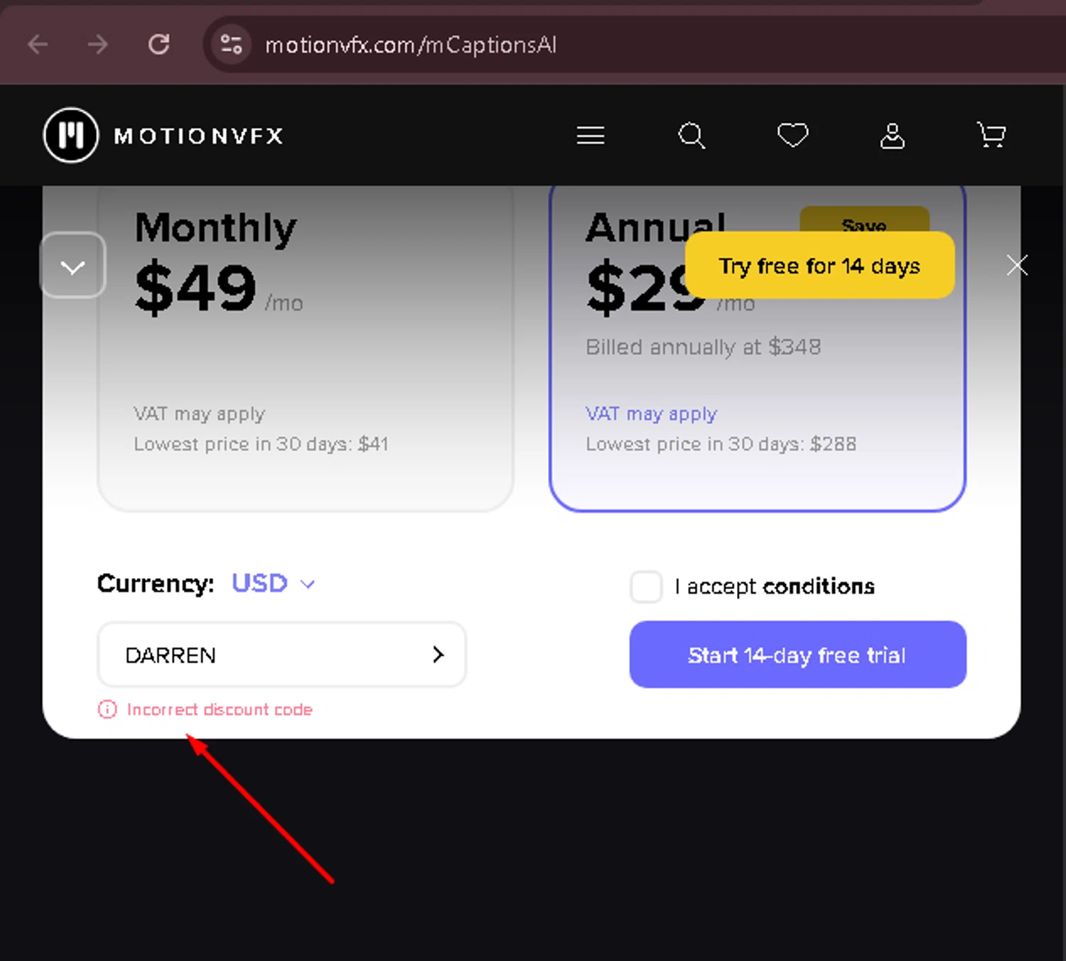 motionVFX promo code screenshot showing code DARREN applied at motionVFX checkout page. Uploaded by SimplyCodes community member carmenamandabritoser on Dec 21, 2025