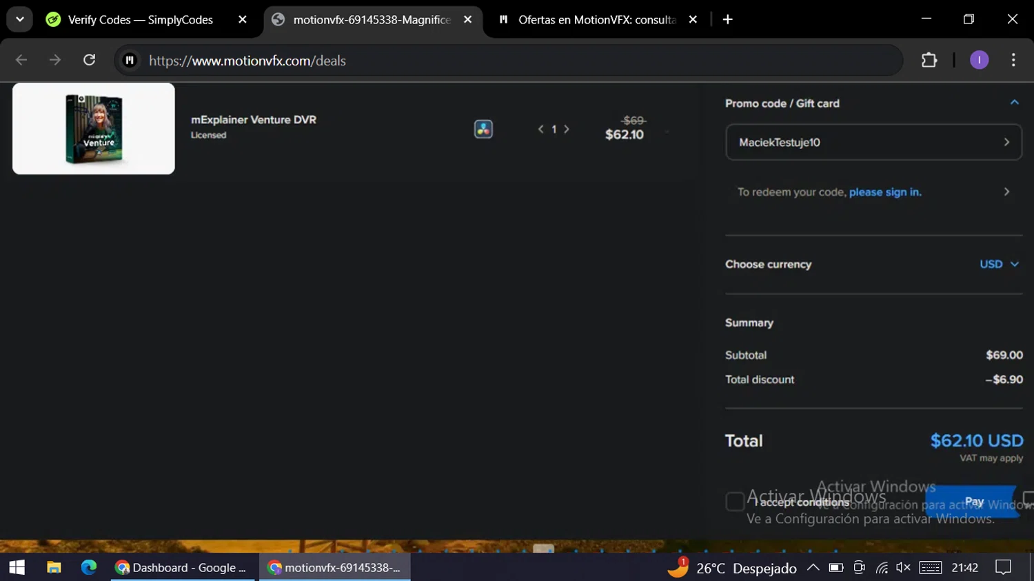motionVFX promo code screenshot showing code MaciekTestuje10 applied at motionVFX checkout page. Uploaded by SimplyCodes community member AGP44456545 on Nov 4, 2025