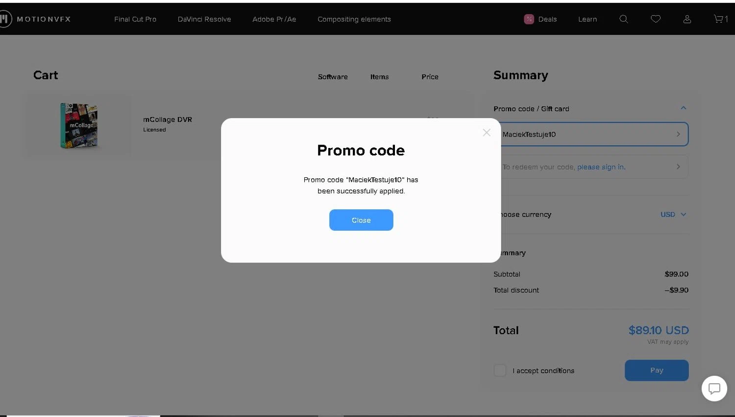 motionVFX promo code screenshot showing code MaciekTestuje10 applied at motionVFX checkout page. Uploaded by SimplyCodes community member LAMINEJAMAL on Nov 26, 2025