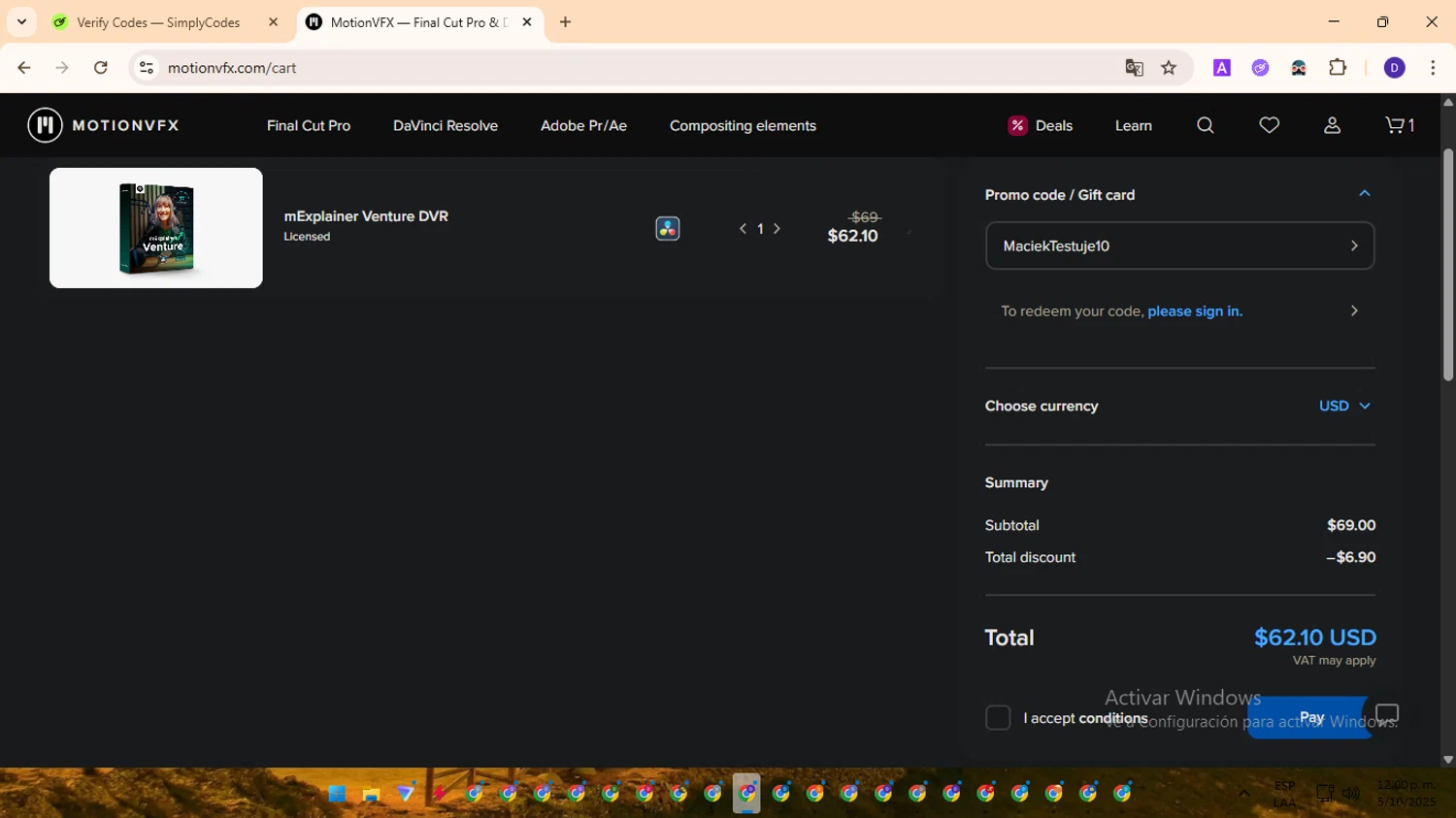 motionVFX promo code screenshot showing code MaciekTestuje10 applied at motionVFX checkout page. Uploaded by SimplyCodes community member MagnificentFinder9583 on Oct 5, 2025