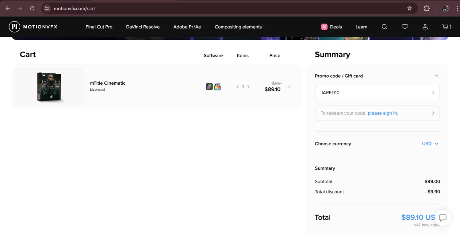 motionVFX promo code screenshot showing code JARED10 applied at motionVFX checkout page. Uploaded by SimplyCodes community member MagnificentAdmiral9096 on Oct 6, 2025
