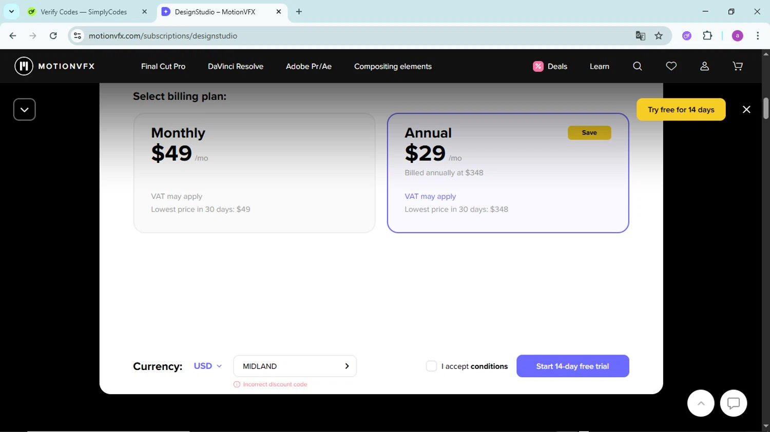 motionVFX promo code screenshot showing code MIDLAND applied at motionVFX checkout page. Uploaded by SimplyCodes community member PennyBoss9589 on May 14, 2025
