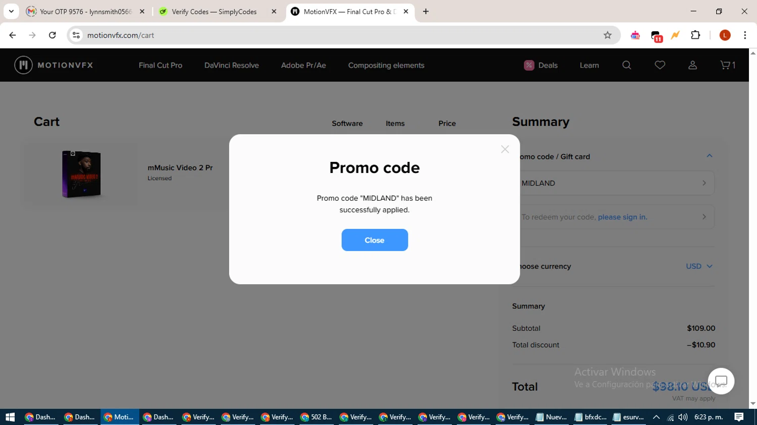 motionVFX promo code screenshot showing code MIDLAND applied at motionVFX checkout page. Uploaded by SimplyCodes community member BonusHero9692 on May 14, 2025
