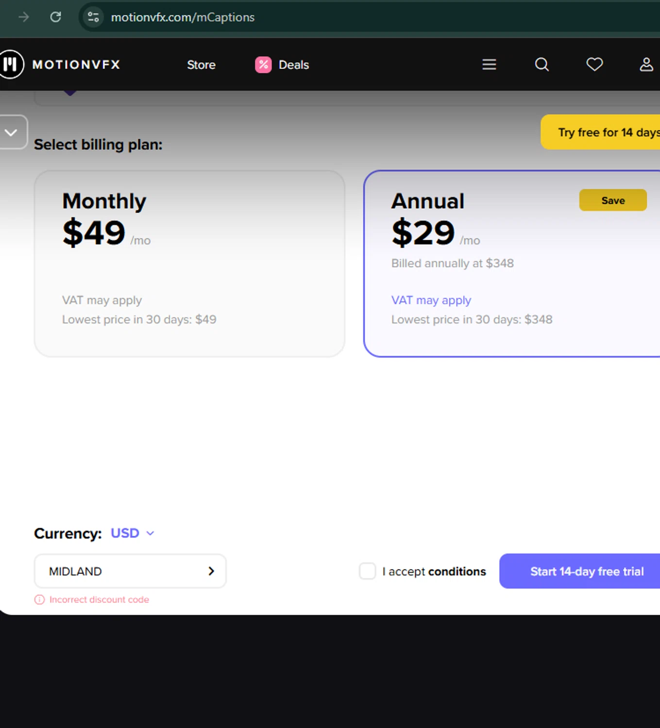 motionVFX promo code screenshot showing code MIDLAND applied at motionVFX checkout page. Uploaded by SimplyCodes community member isaacsantos on May 14, 2025