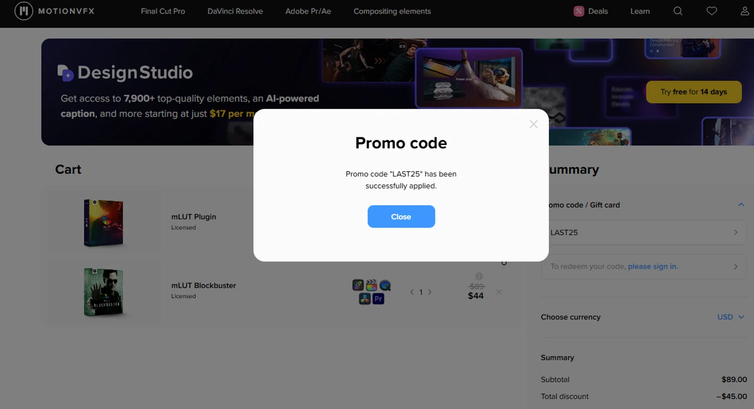 motionVFX checkout page showing motionVFX promo code box | Screenshot taken by SimplyCodes community member on Dec 26, 2025