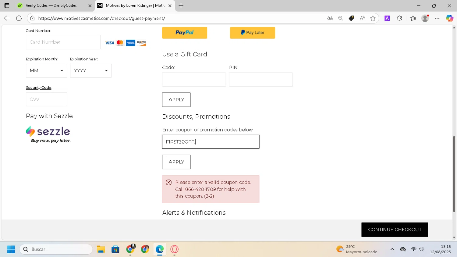 Motives promo code screenshot showing code FIRST20OFF. applied at Motives checkout page. Uploaded by SimplyCodes community member SilverVirtuoso7221 on Aug 12, 2025
