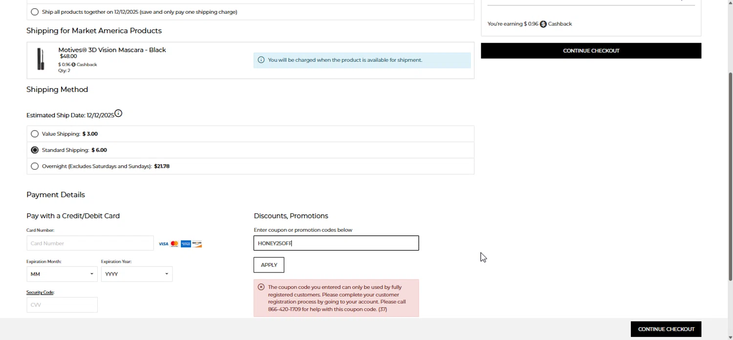 Motives promo code screenshot showing code HONEY25OFF applied at Motives checkout page. Uploaded by SimplyCodes community member Bendito on Dec 7, 2025