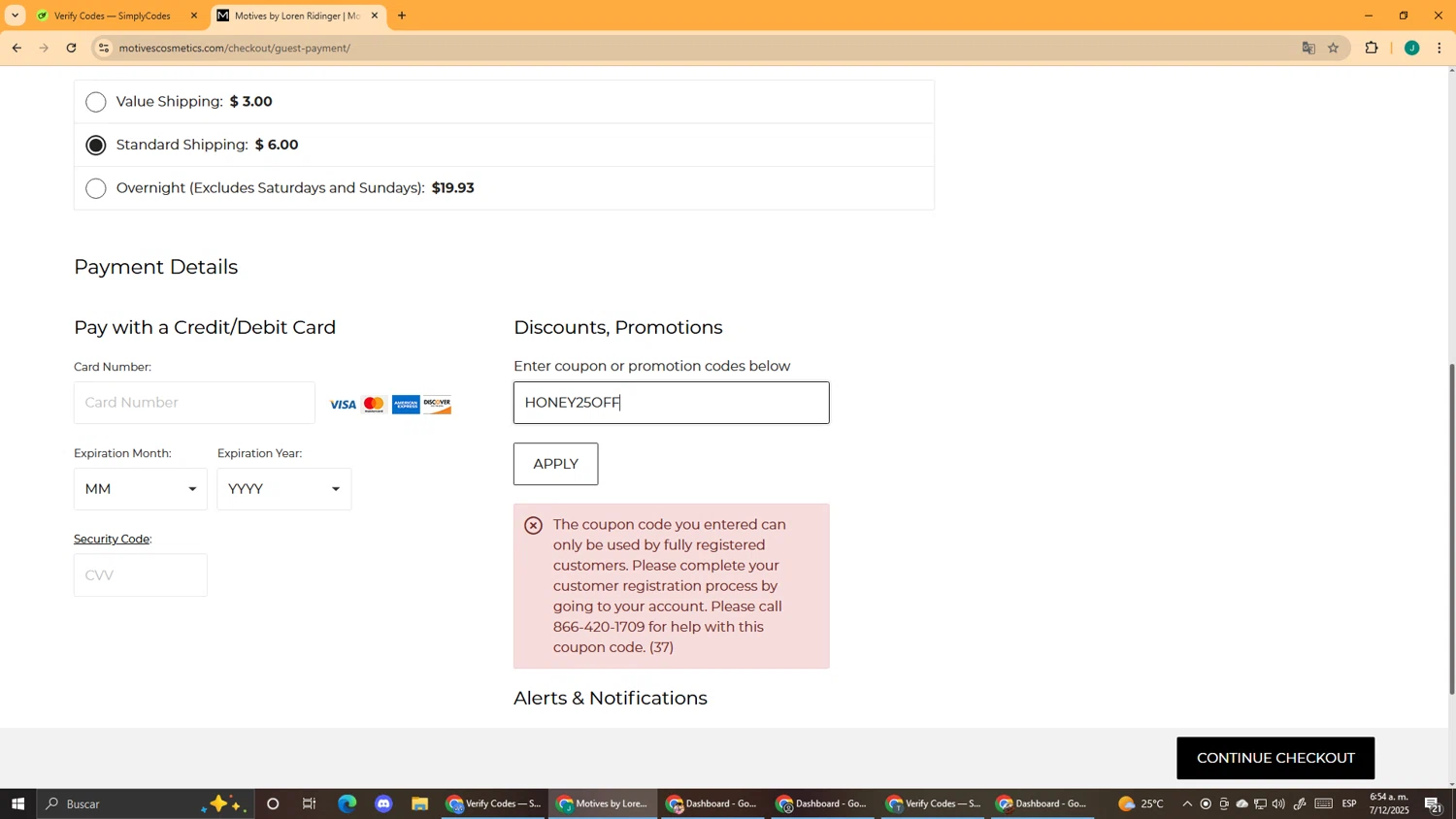 Motives promo code screenshot showing code HONEY25OFF applied at Motives checkout page. Uploaded by SimplyCodes community member DealScout5970 on Dec 7, 2025