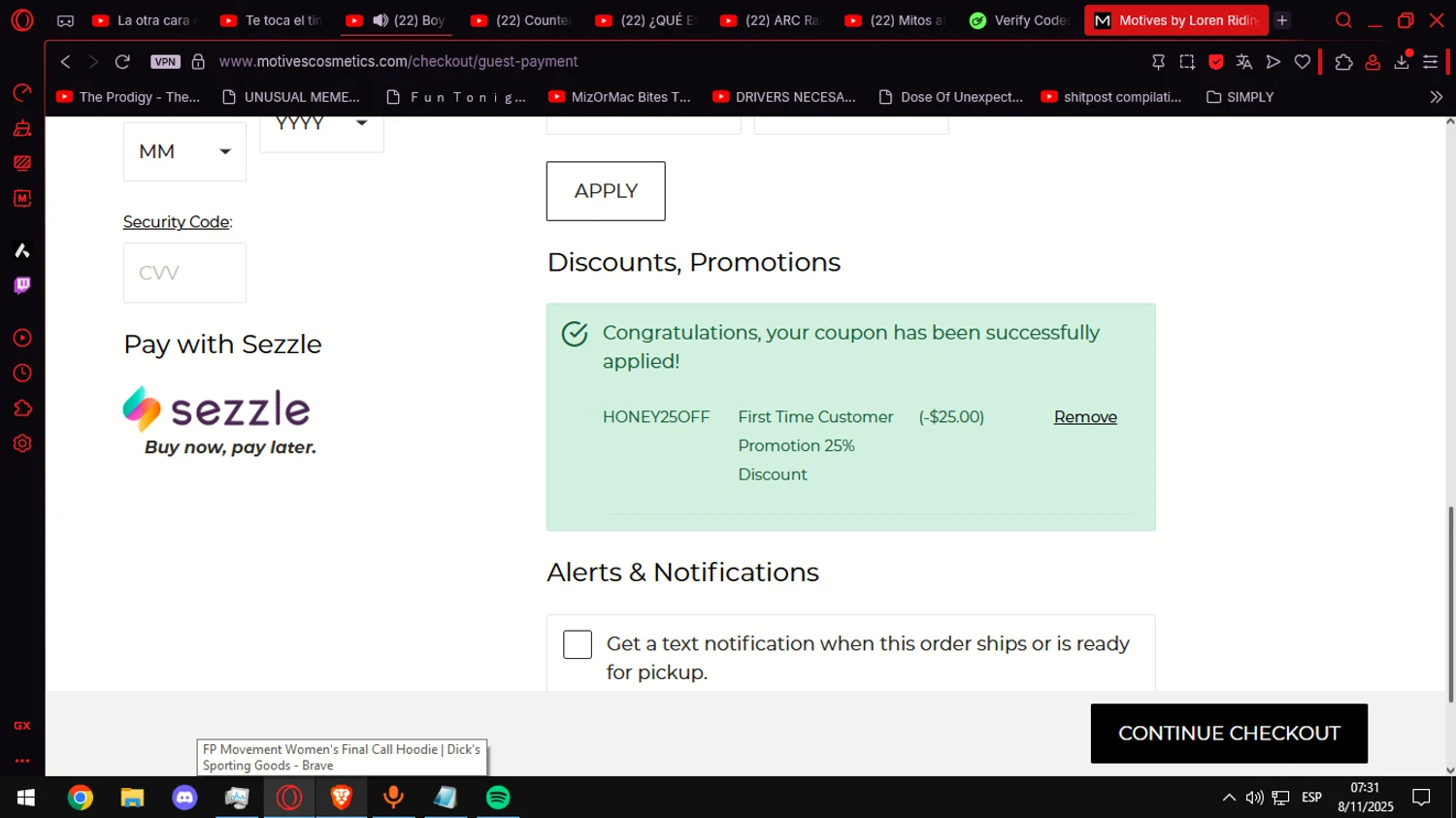 Motives checkout page showing Motives promo code box | Screenshot taken by SimplyCodes community member on Nov 8, 2025