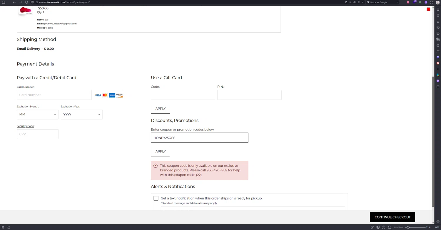 Motives checkout page showing Motives promo code box | Screenshot taken by SimplyCodes community member on Aug 24, 2025