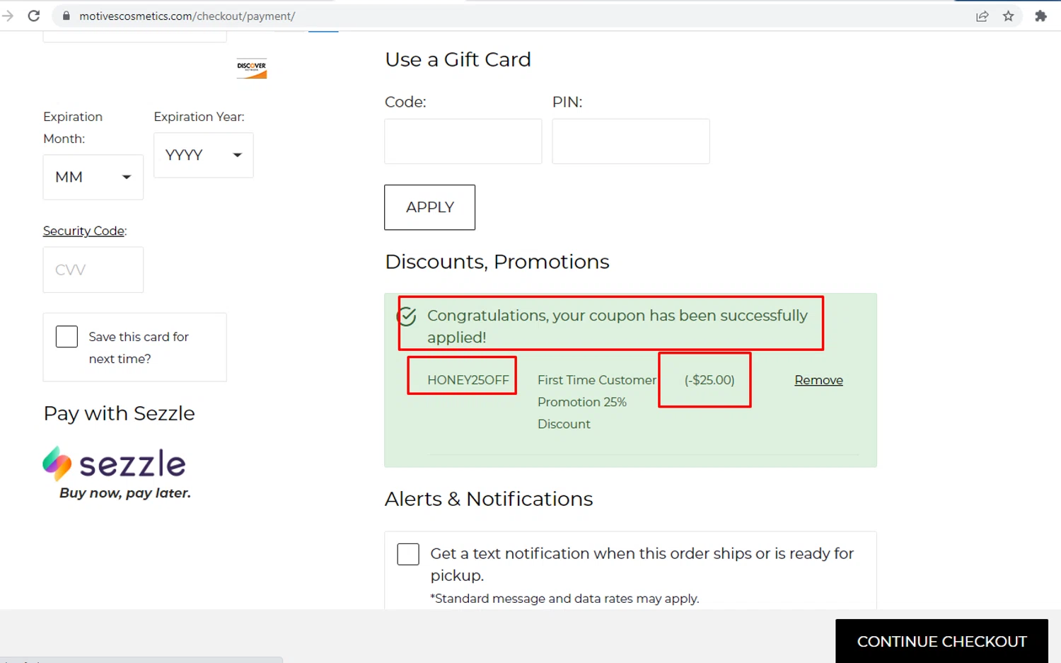 Motives promo code screenshot showing code HONEY25OFF applied at Motives checkout page. Uploaded by SimplyCodes community member nileskamarcano on Feb 8, 2026