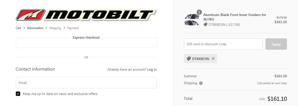 Motobilt checkout page showing Motobilt discount code box | Screenshot taken by SimplyCodes community member on Mar 18, 2021