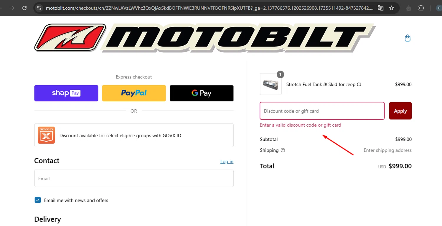 Motobilt discount code screenshot showing code TVJJ3H2K applied at Motobilt checkout page. Uploaded by SimplyCodes community member MoneySage8222 on Dec 29, 2024