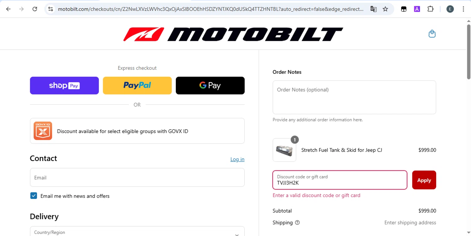 Motobilt discount code screenshot showing code TVJJ3H2K applied at Motobilt checkout page. Uploaded by SimplyCodes community member SilverKnight4465 on Mar 18, 2025