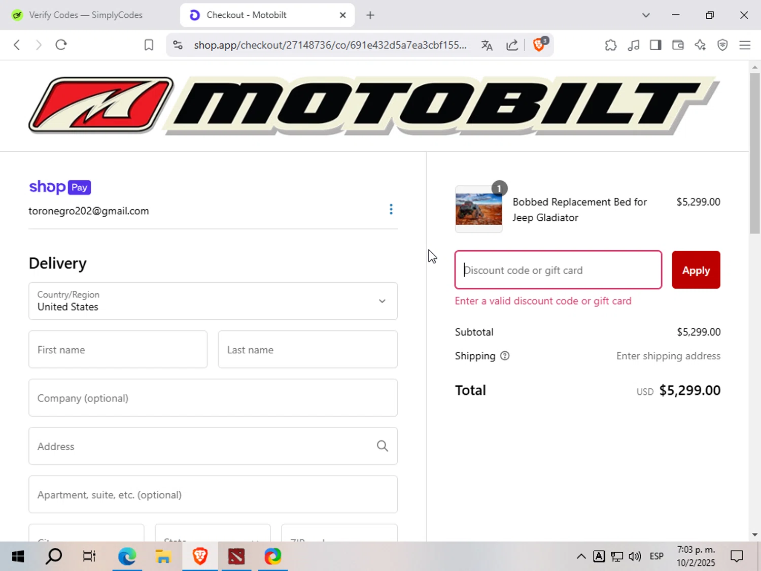 Motobilt discount code screenshot showing code BOB applied at Motobilt checkout page. Uploaded by SimplyCodes community member Toro_negro on Feb 10, 2025
