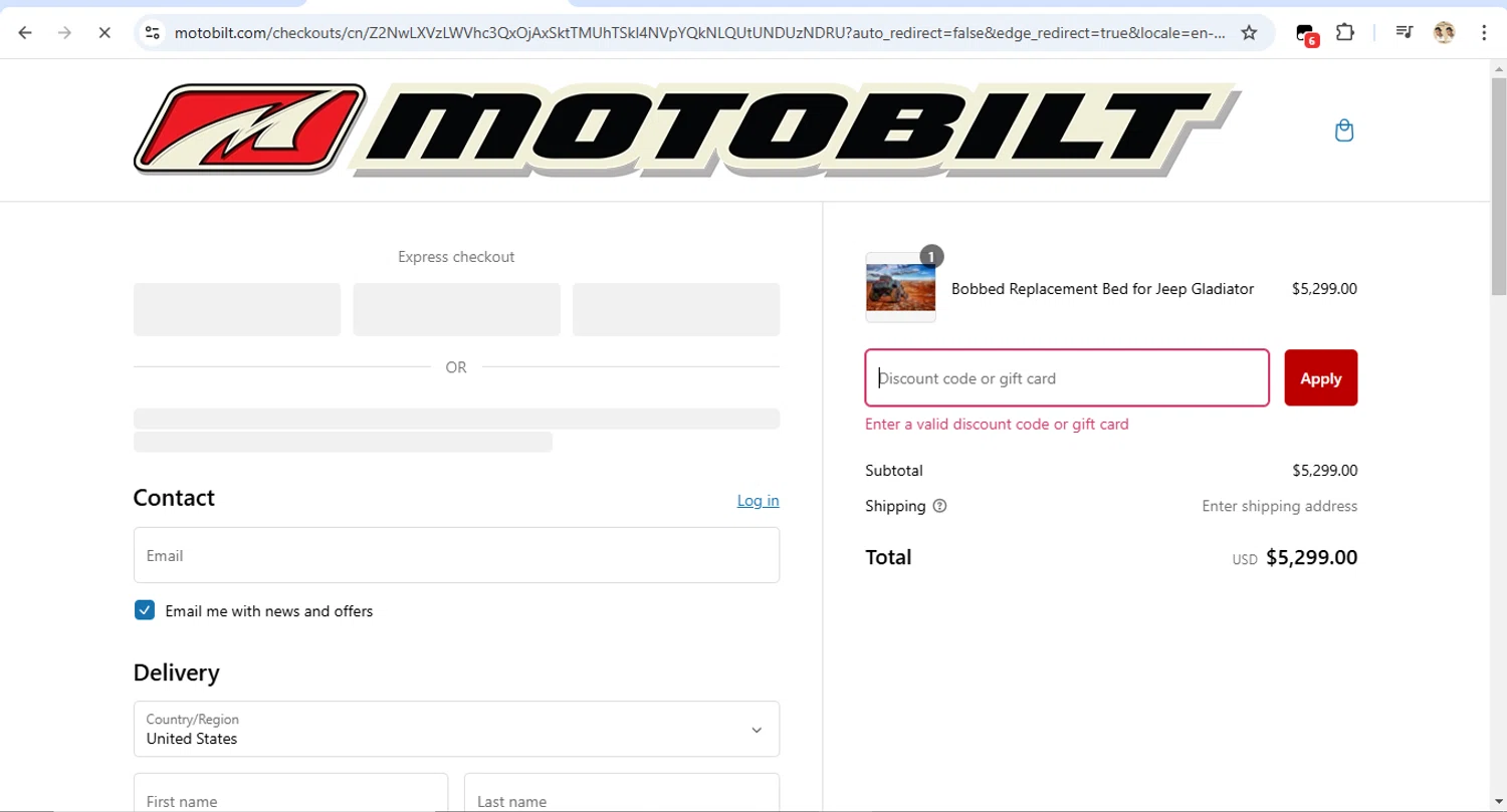 Motobilt discount code screenshot showing code BOB applied at Motobilt checkout page. Uploaded by SimplyCodes community member LegendaryTitan9160 on Feb 10, 2025