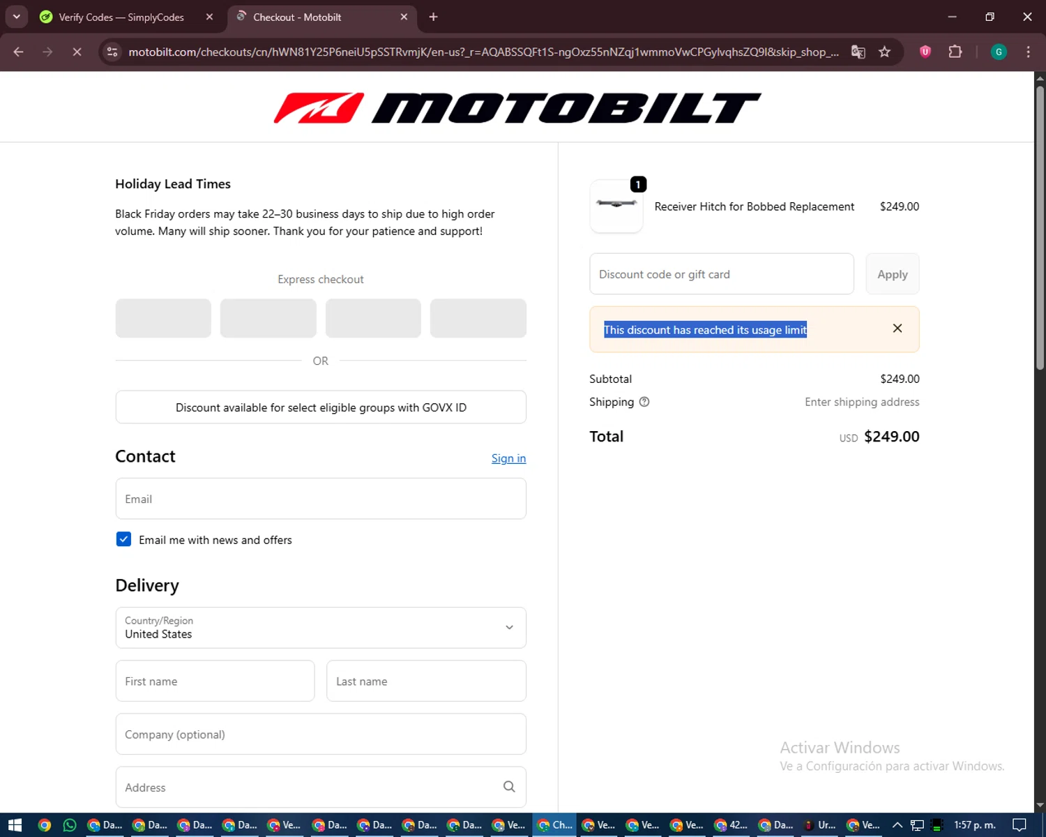 Motobilt discount code screenshot showing code SU5BGX6RZMD applied at Motobilt checkout page. Uploaded by SimplyCodes community member PennyFinder5759 on Jan 25, 2026